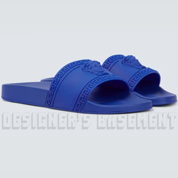 VERSACE men 41 EU - 8 US Royal Blue Rubber Medusa head FLIP-FLOP slide sandals - Picture 2 of 11